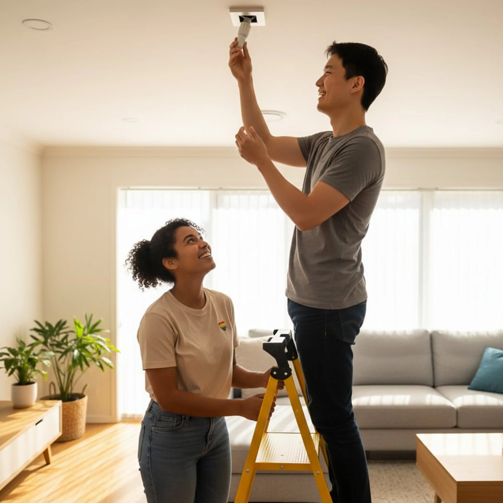 person changing a ceiling light